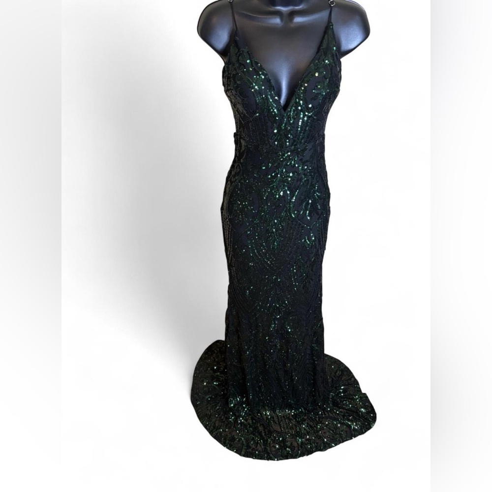 Emerald & Black Sequin prom Formal Gown with Adjustable Straps